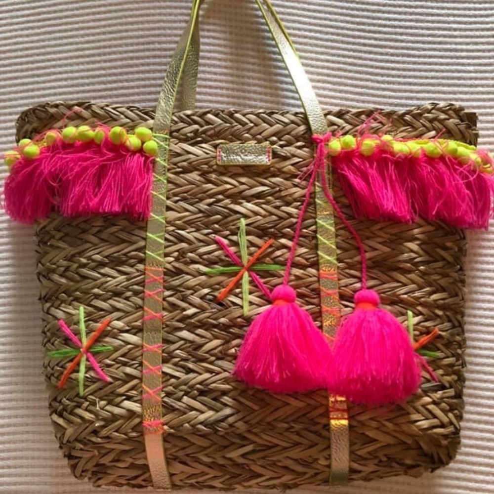 LILLY PULITZER Straw Pom-Pom Beach Tote Bag